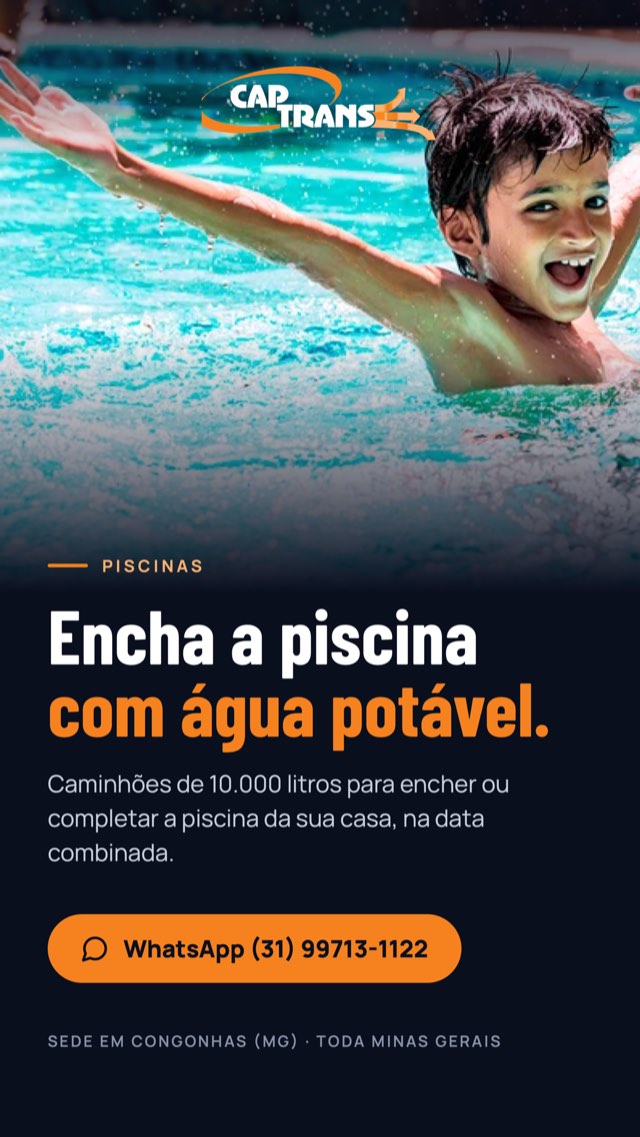 Arte da Captrans: Encha a piscina com água potável. Caminhões de 10.000 litros para encher ou completar a piscina da sua casa, na data combinada. WhatsApp (31) 99713-1122.
