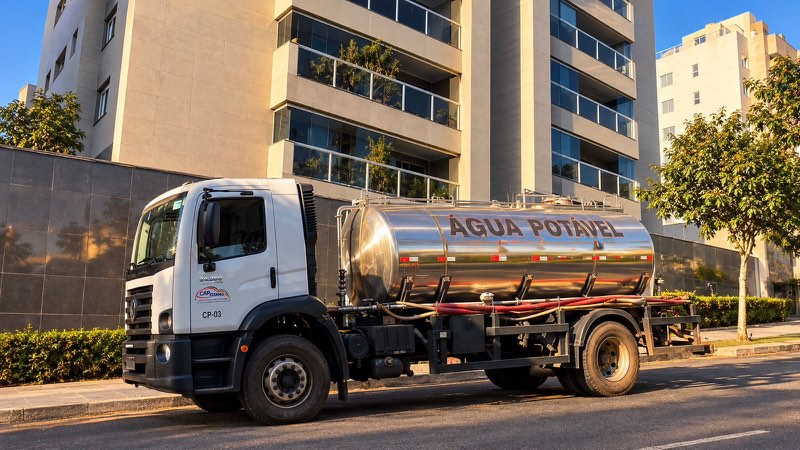 Caminhão-pipa CP-03 da Captrans, com tanque de água potável, em frente a um prédio residencial